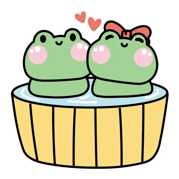 Cute Para Żaba Pobyt Kąpieli Raz Onsen Time Shower Valentines — Wektor stockowy