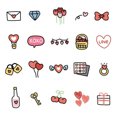 Beyaz ekmek zemininde bir dizi şirin sevgililer günü ikonu. Çizgi film sembolü koleksiyonu. Kalp, aşk, çiçek gülü el çizimi..