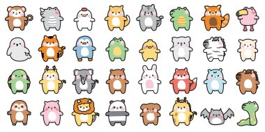 Büyük sevimli hayvan karakteri çizimleri. Çiftlik, kemirgen, sürüngen, vahşi, hayvan, kuş eli koleksiyonu. Çocuk grafiği..