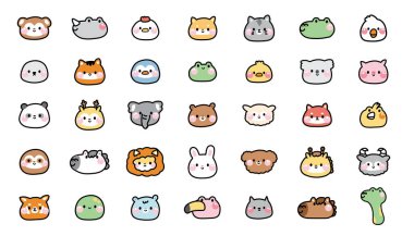 Büyük şirin yüzlü hayvan çizgi film tasarımları. Zoo.Çocuk grafiği. Çiftlik, kemirgen, sürüngen, vahşi hayvan, kuş eli koleksiyonu..