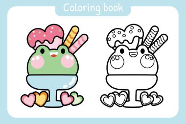 Boyama kitabı. Çocuklar için resim kitabı. Tatlı kurbağa suratlı dondurma. Sürüngen hayvan karakteri çizimi. Tatlı ve tatlı el çizimi..