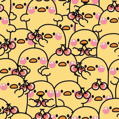 Tekrarlıyorum. Arka planda kirazlı şirin tavuğun kusursuz deseni. Çiftlik hayvanı karakteri çizimi. Çocuk grafiği. Bebek kıyafetleri.. 