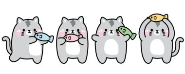 Çeşitli şekillerde balıklı şirin kedi setleri beyaz arka planda poz verir. Evcil hayvan karakteri çizgi film tasarımları. Miyav aşığı. Kawai Vector.illüstrasyon.. 