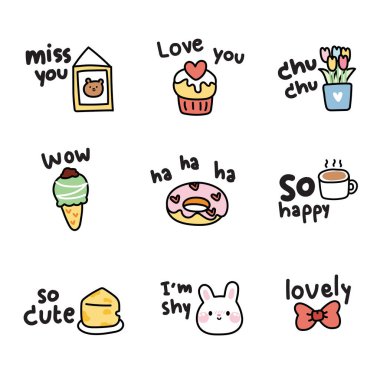 Beyaz arka planda günlük sözcüğü olan küçük şirin ikonlar. Sohbet. Tavşan, oyuncak ayı, çörek, kahve, peynir, yay, el yazısı..