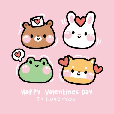 Cute face animal with heart and valentines day text on pink background.Teddy bear,rabbit,frog,shiba inu dog hand drawn.Heart.Love.Kawaii.Vector.Illustration. clipart