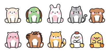 Bir grup şirin hayvan poz verir. Evcil hayvan ve çiftlik hayvanı çizgi film tasarımları. Hep, kaplumbağa, tavşan, kedi, köpek, domuz, at, tavuk eli çizimi. Çocuk grafik koleksiyonu..