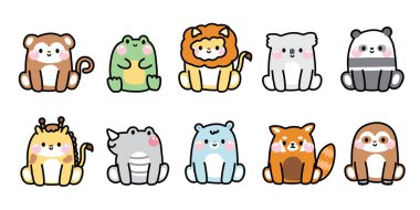 Bir sürü sevimli hayvan poz verir. Vahşi ve sürüngen hayvan çizgi film tasarımları. Maymun, kurbağa, aslan, ayı, zürafa, gergedan, miskin el çizimi..