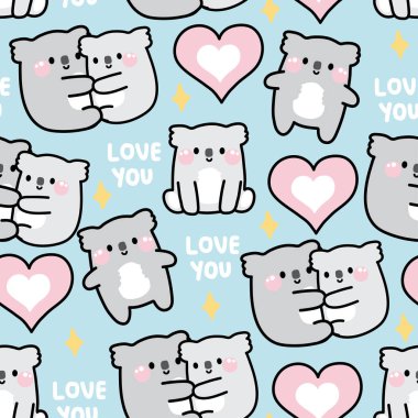 Kalpli ve seni seven sevimli koalanın kusursuz deseni. Sevgililer Günü 'nde mesaj at. Bebek kıyafetleri. Kawai Vector..