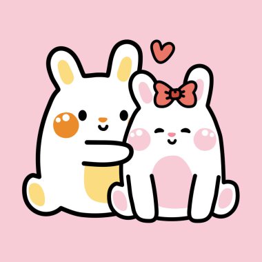 Sevgililer Günü. Sevimli tavşan çift pembe arka planda oturur. Kemirgen hayvan karakteri çizimi. Tavşan. Aşk..