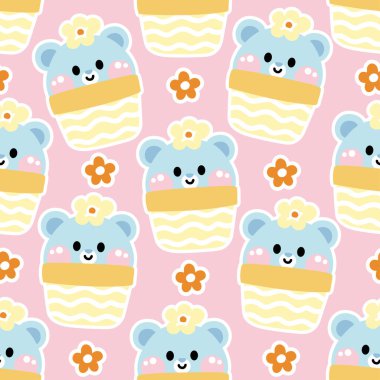 Pembe arka planda çiçekli kusursuz bir oyuncak ayı deseni. Vahşi hayvan karakteri çizimi. Bebek kıyafetleri. Kawai Vector..