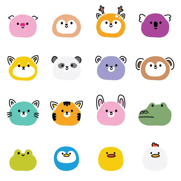 Set Cute Animals Face Line Hand Drawn Style Minimal Style — Stock Vector