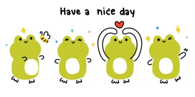 Beyaz arka planda çeşitli şekillerde şirin kurbağa çizimi şekilleri. Sürüngen hayvan karakteri çizimi. Çocuk grafiği..