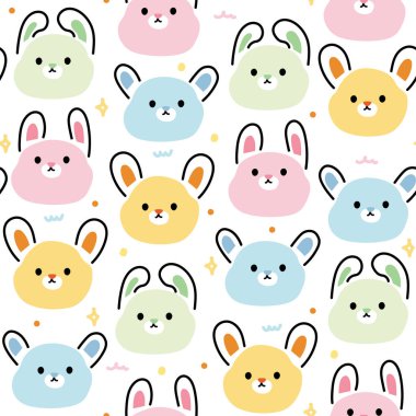 Beyaz arka plana çizilmiş sevimli tavşan elinin kusursuz deseni. Tavşan. Kemirgen hayvan karakteri çizimi. Bebek kıyafetleri..