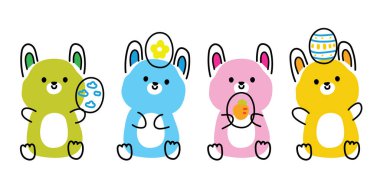 Bir grup şirin tavşan beyaz arka planda çeşitli desenli yumurtalarla oturur. Paskalya günü. Tavşan hayvan karakteri çizgi film tasarımı..