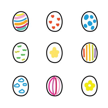 Sürüm 1. Paskalya Yumurtası karikatürü beyaz arka planda çeşitli şekillerde. Sezon koleksiyonu. Bebek grafiği..