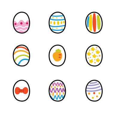 Tatlı Paskalya Yumurtası 'nın üçüncü versiyonu. Beyaz arka planda çeşitli şekillerde. Sezon koleksiyonu. Bebek grafiği..