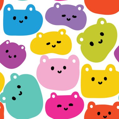 Beyaz arka planda renklendirilmiş, kusursuz bir oyuncak ayı yüzü. Vahşi hayvan karakteri çizimi. Bebek kıyafetleri. Kawai Vector..