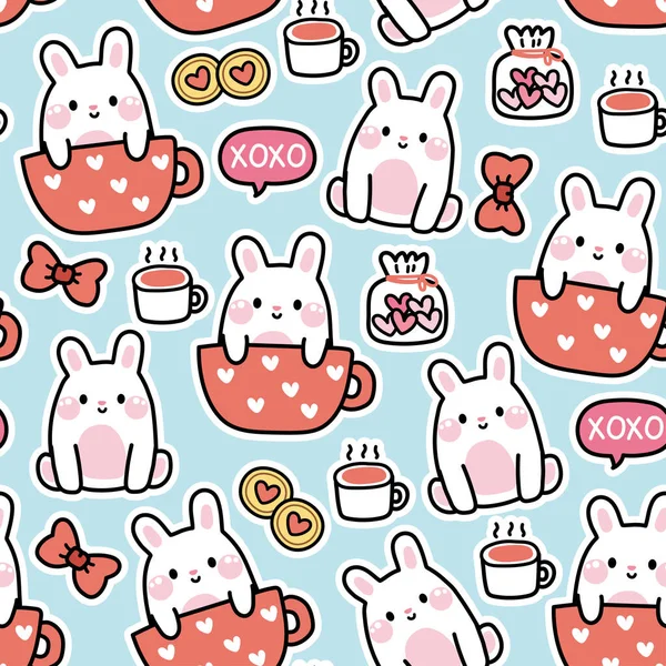 Seamless Pattern Cute Rabbit Coffee Cup Various Tiny Food Icon — Stock Vector