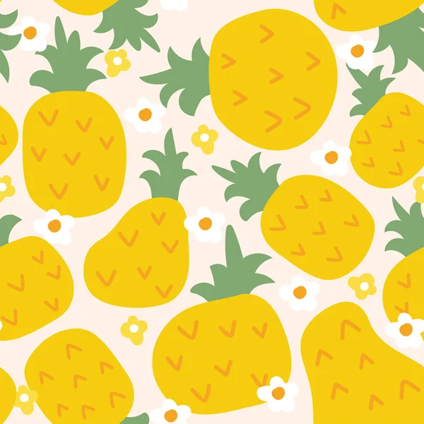 Seamless Pattern Cute Big Pineapple Flower Background Fruits Summer Cartoon — Stock Vector