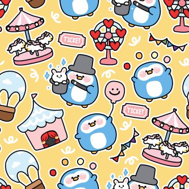Lunapark konseptinde kusursuz şişman penguen deseni. Tombul kuş hayvan çizgi film karakteri tasarımı. Giysi baskı ekranı. Festival.Karnaval. Kawaii.Vector..