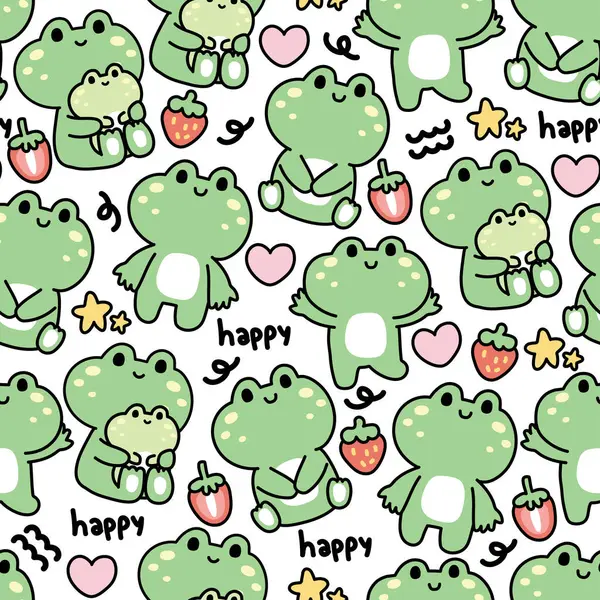 Seamless Pattern Cute Frog Various Poses Tiny Icon White Background — Stock Vector