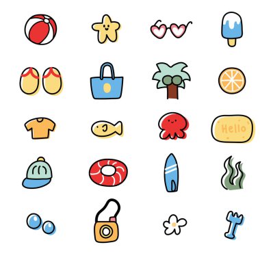 Çizgi film tasarımı koleksiyonu. Deniz ve sahilin altında. Trip.Swim.Kawaii.Vector.Illustration.