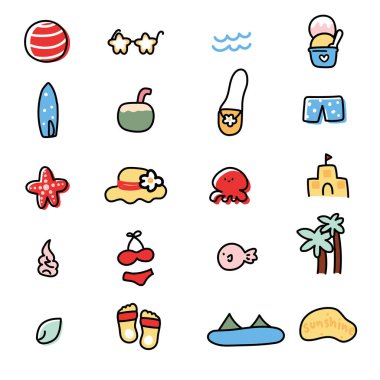 4 numara: Sevimli ikon yaz konsepti. Çizgi film tasarım koleksiyonu. Deniz ve sahil altında. Trip.Swim.Kawaii.Vector.Görüntü.