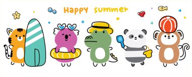 Bir grup şirin hayvan yaz konseptinde el çizimi tarzı. Trip.Swim. Rahatla. Deniz ve kumsal. Kaplan, koala, timsah, panda, maymun koleksiyonu..