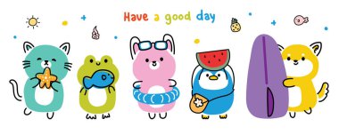 Bir grup şirin hayvan yaz konseptinde el çizimi tarzı. Trip.Swim. Rahatla. Deniz ve kumsal. Kedi, kurbağa, tavşan, penguen, shiba inu köpek koleksiyonu..