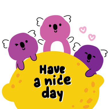 Beyaz arka planda limonlu şirin mutlu koala. Çizgili el çizimi. Vahşi hayvan karakteri karikatürü. İyi günler..