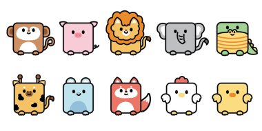 Bir grup sevimli gülümseme kare şeklindeki hayvanlara bakıyor. Hayvan karakteri tasarım koleksiyonu. Çiftlik, vahşi, kemirgen, sürüngen, kuş, evcil hayvan. İzole edilmiş.. 