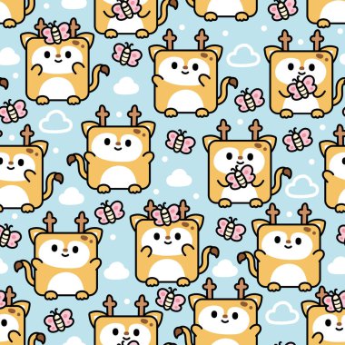 Seamless pattern of cute deer in square shape with butterfly and cloud on sky background.Nature.Wild animal character cartoon design.Clothing print screen.Baby graphic.Kawaii.Vector