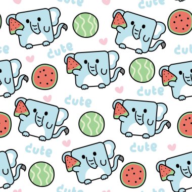 Beyaz arka planda karpuz ile kare şeklinde şirin bir fil deseni. Meyve. Yürek. Vahşi hayvan karakteri tasarımı. Giysi baskısı.