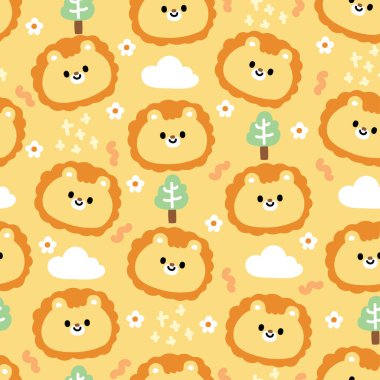 Ağaç ve çiçek arkaplanlı şirin aslan suratlı kusursuz desen. Vahşi hayvan karakteri çizimi. Giysi baskısı ekranı. Bebek grafiği..