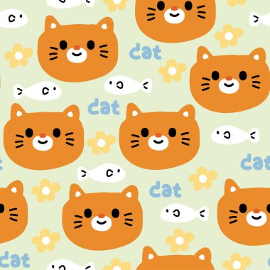 Pastel arka planda balık ve çiçekli turuncu kedi yüzünün kusursuz deseni. Evcil hayvan karakteri çizgi film tasarımı. Miyav aşığı. Kawaii.Vector. İllüstrasyon.