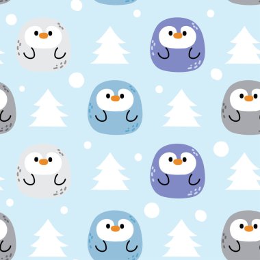 Noel ağacı ve arka planında kar olan kusursuz sevimli penguen deseni. Kış.Kuş hayvan karakteri çizimi. Giysi baskısı ekranı. Bebek grafiği..