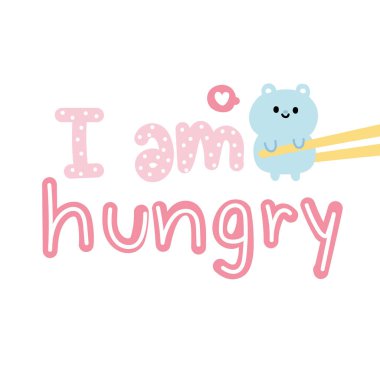 Kutup ayısı olan aç bir metinim. Beyaz arka planda yemek çubuğunda kal. Mesaj çizgi film tasarımları. Hayvan karakteri tasarımı..