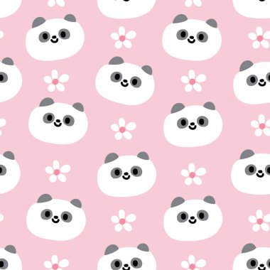 Pembe arka planda küçük bir çiçek ikonu olan kusursuz panda yüzü deseni. Çin vahşi hayvan karakteri çizgi film tasarımı. Giysi baskı ekranı. Kawai..