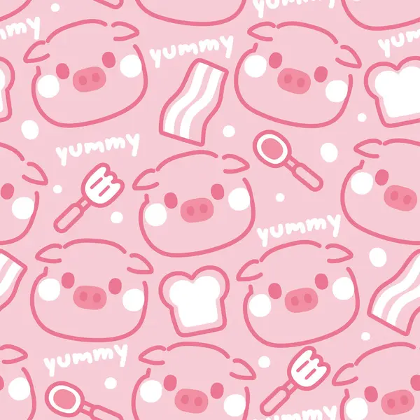ピンクの背景にかわいい豚の顔のラインのシームレスなパターン スプーン フォーク タバコの手描き ファーム動物のキャラクター漫画 Kawaii Vector Illlustration — ストックベクタ