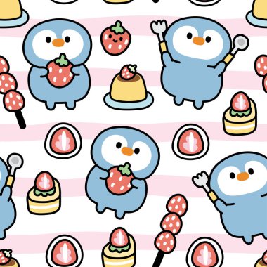 Çilekli tatlı geçmişi olan kusursuz sevimli penguen deseni. Kuş hayvan karakteri çizimi. Puding, Çin pastası, Japon tatlı eli çizimi..