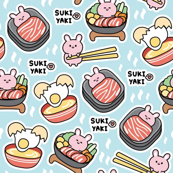 Naadloos Patroon Van Schattig Konijn Japans Voedsel Concept Sukiyaki Hot — Stockvector