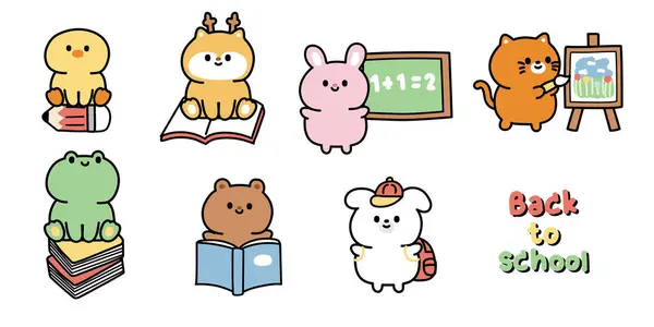 Set Cute Animals Back School Concept Class Student Study Chick — Διανυσματικό Αρχείο