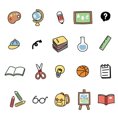 Okul konseptine geri dönen sevimli bir ikon seti. Çizim. Sanat, bilim, spor konusu koleksiyonu. Öğrenci ve öğretmen..