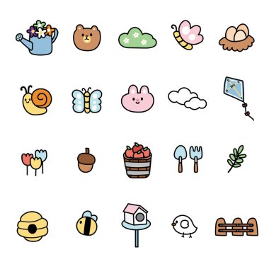 Bahar sezonundaki sevimli ikon hayvan seti. Hayvan karakteri çizgi film tasarımları. Yaprak ve çiçek. Tavşan, sincap, arı, kelebek, salyangoz el çizimi..