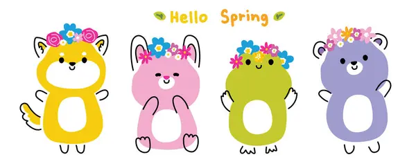 Set Cute Animal Spring Concept Animals Wear Flower Crown Collection — Stock Vector