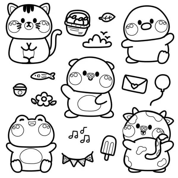 Coloring Page Painting Book Kid Cute Icon Animals Character Design — 图库矢量图片