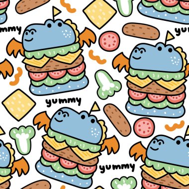 Beyaz arkaplanlı kusursuz şirin ejderha peynirli hamburger deseni. Hayvan karakteri çizimi. Fast Food.Dinozor. Kawaii.Vector.Illustration.