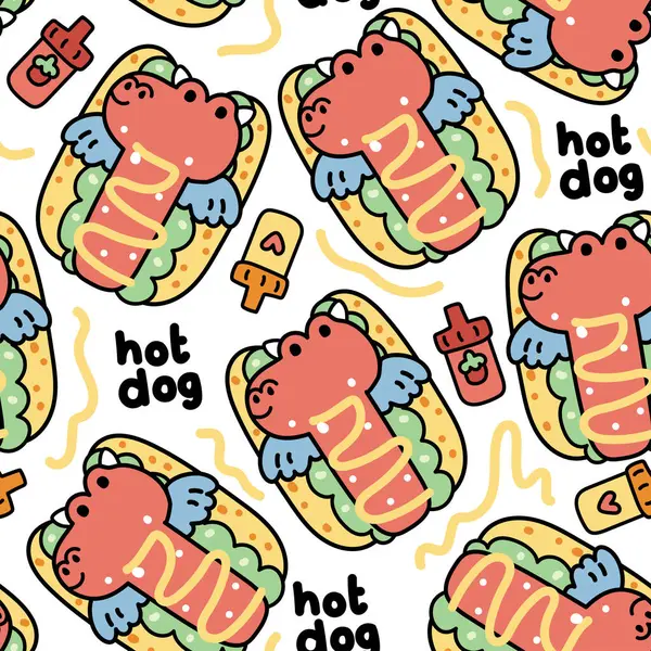 Seamless Pattern Cute Dragon Hot Dog Ketchup Mustard White Background — Vettoriale Stock