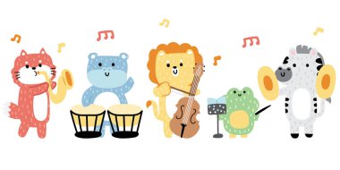 Müzik enstrümanları çalan bir grup sevimli hayvan saçı. Konser. Müzik. Fox, su aygırı, aslan, kurbağa, zebra el çizimi.. 