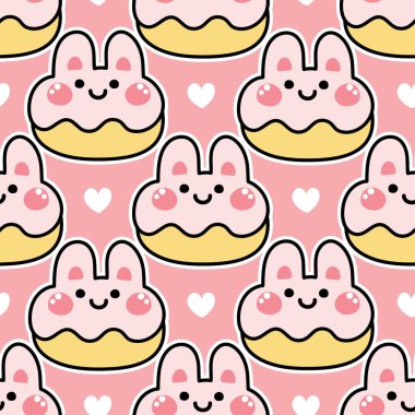 Küçük bir kalp ikonu olan kusursuz gülümseme başlıklı tavşan çöreği etiketi. Kemirgen hayvan çizgi film dizaynına bakıyor. Tatlı. Tatlı. Fırın..